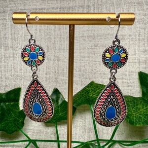 New Boho Teardrop Dangle Earrings, Multicolor Mosaic w/Blue Center